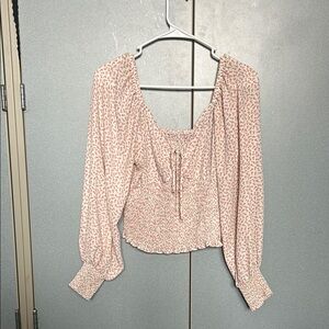 Pink Smocked Blouse with Puff Sleeves and Tie Front